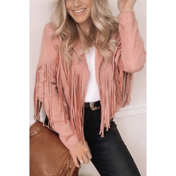 SOLD OUT Mauve Pink Faux Leather Suede Fringe Cropped Western Boho Moto Jacket - Picture 3 of 5